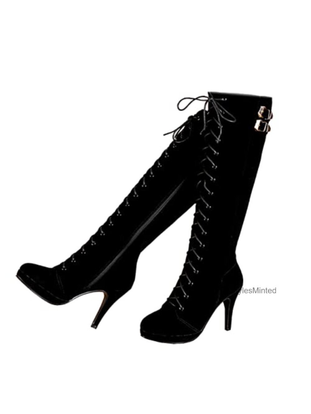 Women's Knee High Suede Boots 3.15in Heel Lace Up Zip Buckle Pointed Toe